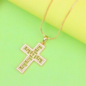 "Rose Gold Cross Pendant with Greek Key and CZ Detail, XPPT1262
